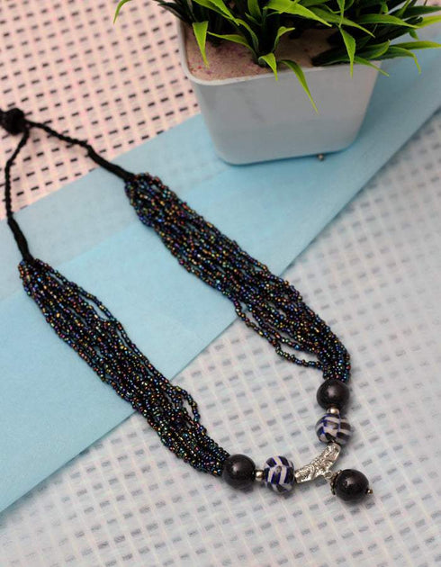 Blue Pottery Handmade Short Necklace With Bead Pendant - Black