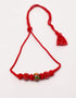 Blue Pottery Handmade 3 Bead Necklace With Ring And 2 Bead Earring - Red