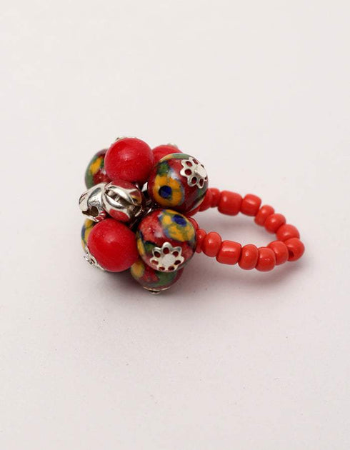 Blue Pottery Handmade 3 Bead Necklace With Ring And 2 Bead Earring - Red