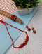 Blue Pottery Handmade 3 Bead Necklace With Ring And 2 Bead Earring - Red
