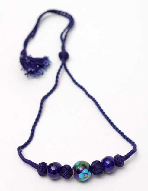 Blue Pottery Handmade 3 Bead Necklace With 2 Bead Earring - Blue Colour With Turquoise Flower