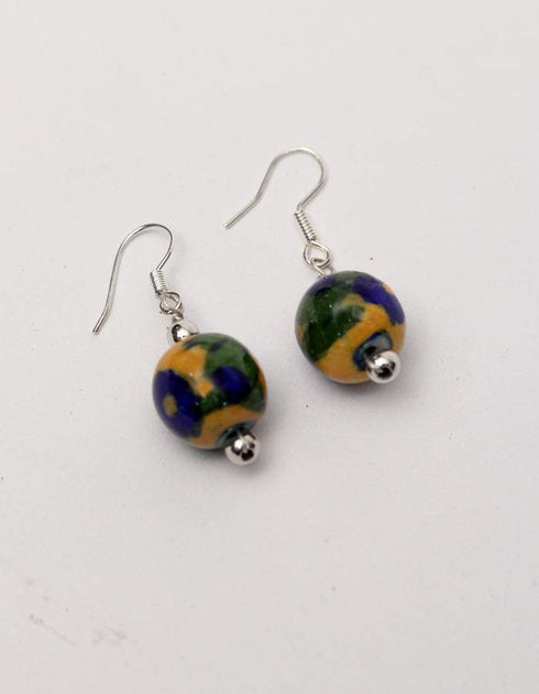 Blue Pottery - Three Bead Necklace With One Bead Earring (Yellow)