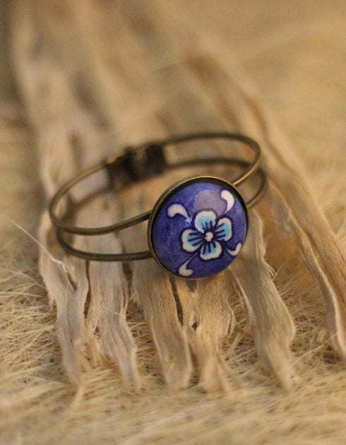 Blue Pottery Bracelet With Metal Set Of 2 pcs