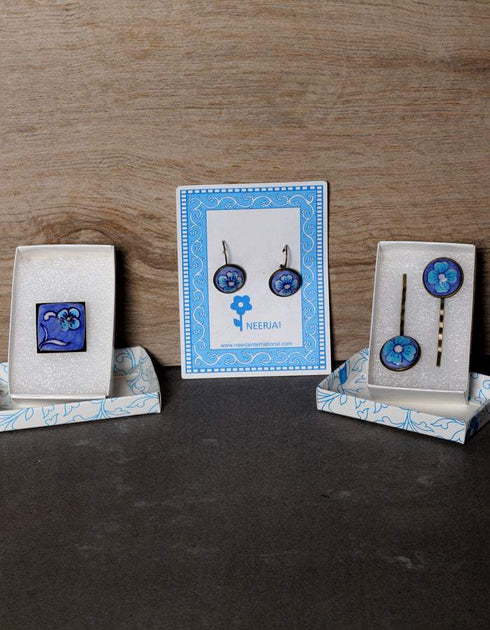 Blue Pottery Handmade Earring With Ring & Hair pin