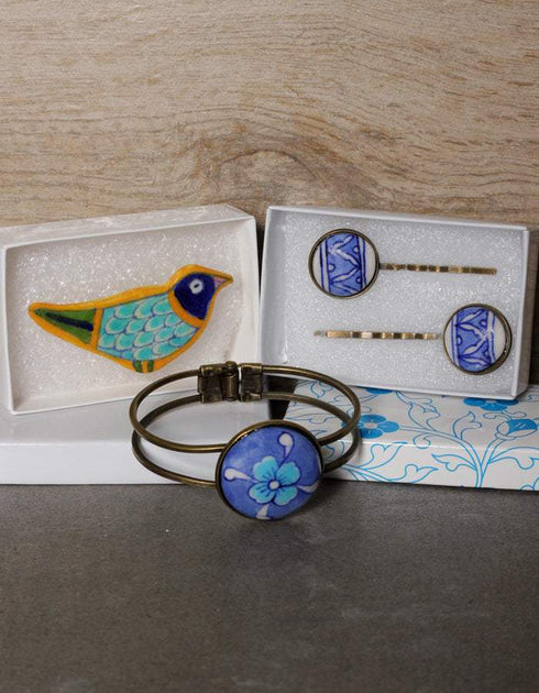 Blue Pottery Handmade Bracelet With Broch & Hair pin