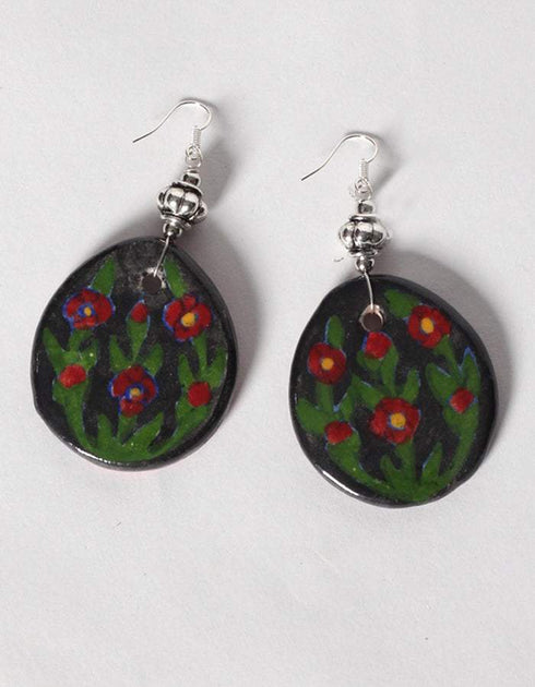 Blue Pottery Reversible Style Five Pendant Neckalce With Earring - Red With Black (Two In One)