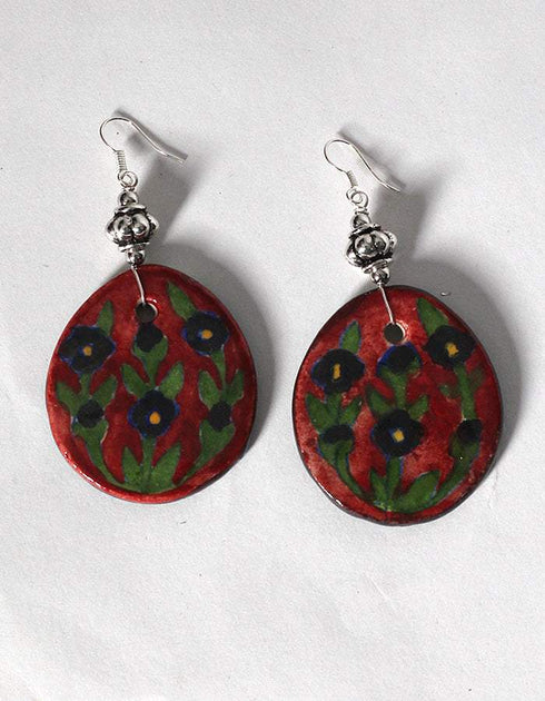 Blue Pottery Reversible Style Five Pendant Neckalce With Earring - Red With Black (Two In One)