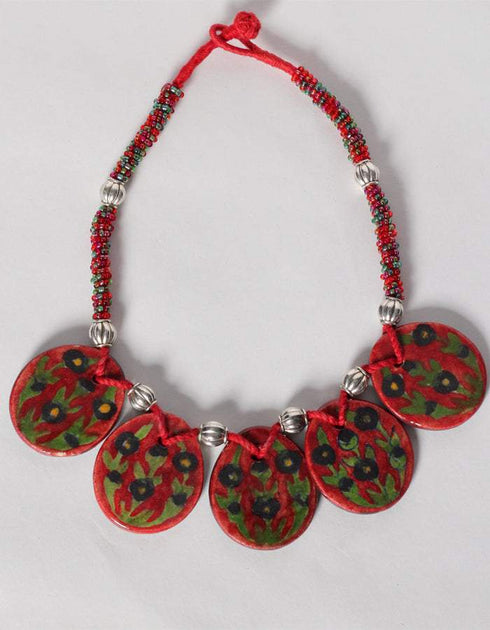 Blue Pottery Reversible Style Five Pendant Neckalce With Earring - Red With Black (Two In One)