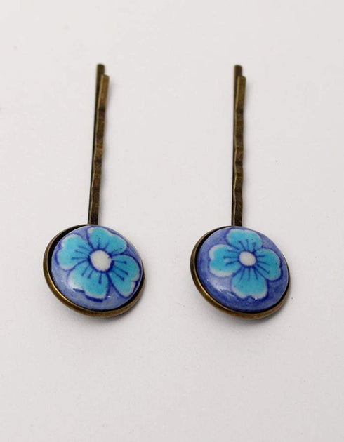 Blue Pottery Handmade Earring With Ring & Hair pin