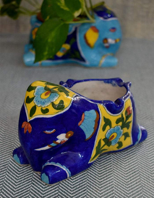 Blue Pottery Elephant Plant Holder