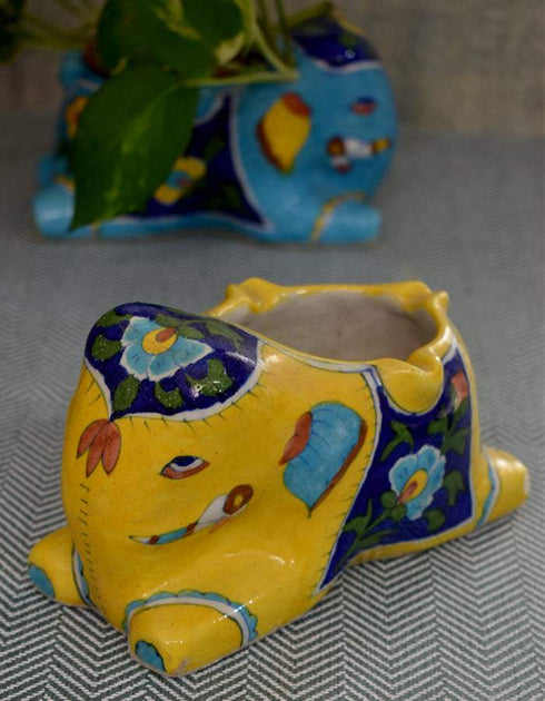 Blue Pottery Elephant Plant Holder Yellow & Blue