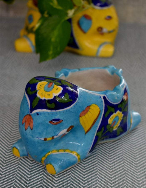 Blue Pottery Elephant Plant Holder Turquoise & Blue