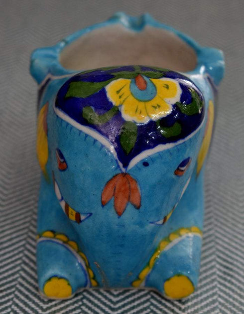 Blue Pottery Elephant Plant Holder Turquoise & Blue