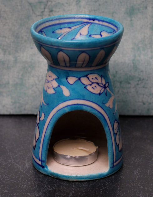 Jaipur Blue Pottery Handmade Aroma Oil Diffuser Small in Turquoise Base With White Floral & Leaves
