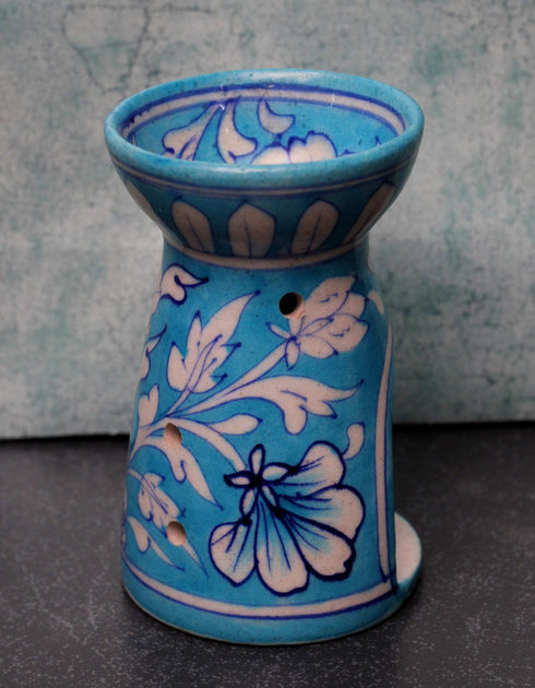Jaipur Blue Pottery Handmade Aroma Oil Diffuser Small in Turquoise Base With White Floral & Leaves