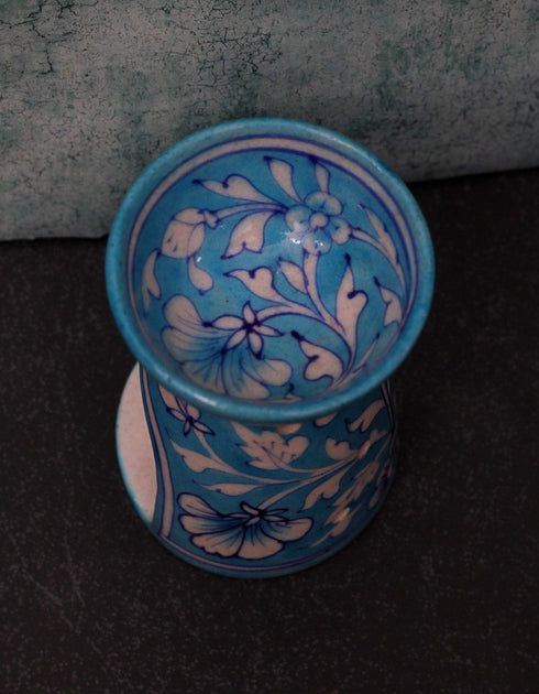 Jaipur Blue Pottery Handmade Aroma Oil Diffuser Small in Turquoise Base With White Floral & Leaves