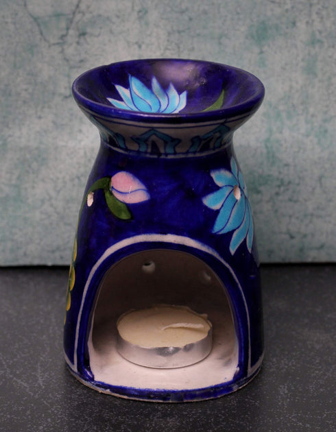 Jaipur Blue Pottery Handmade Aroma Oil Diffuser Small in Blue Base With Pink Lotus Floral Motifs