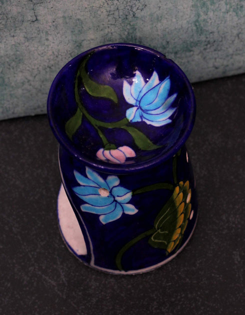 Jaipur Blue Pottery Handmade Aroma Oil Diffuser Small in Blue Base With Pink Lotus Floral Motifs