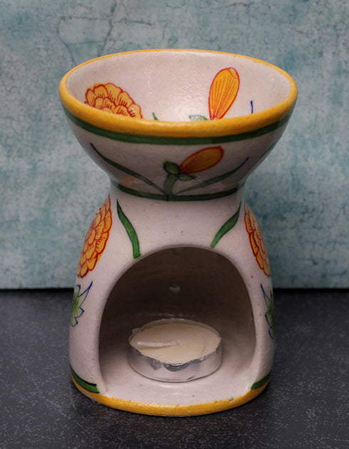 Jaipur Blue Pottery Handmade Aroma Oil Diffuser Med. in Off-white with Orange Marigold Flower.