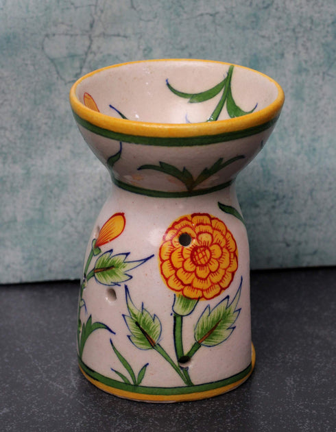 Jaipur Blue Pottery Handmade Aroma Oil Diffuser Med. in Off-white with Orange Marigold Flower.