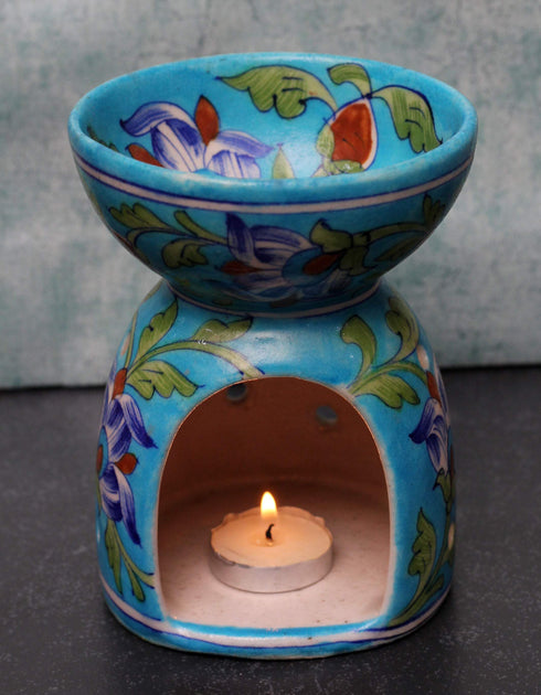 Jaipur Blue Pottery Aroma Oil Diffuser in Turquoise Base With Blue Floral Motifs Big