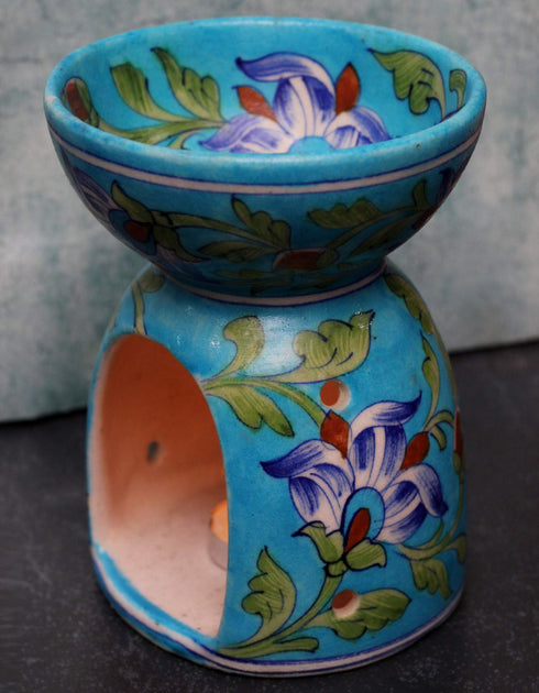Jaipur Blue Pottery Aroma Oil Diffuser in Turquoise Base With Blue Floral Motifs Big