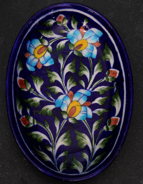 Turquoise Flower design on Blue Base Oval Plate 8