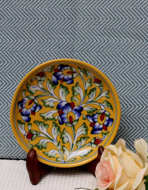 Blue Pottery 6 Plate Yellow Base With Floral Pattern