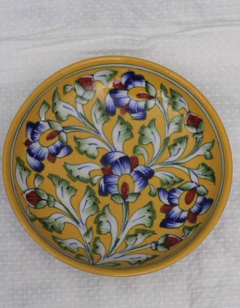 Blue Pottery 6 Plate Yellow Base With Floral Pattern