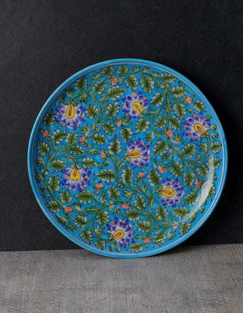 Turquoise Base Floral Design Wall Hanging Plate 12