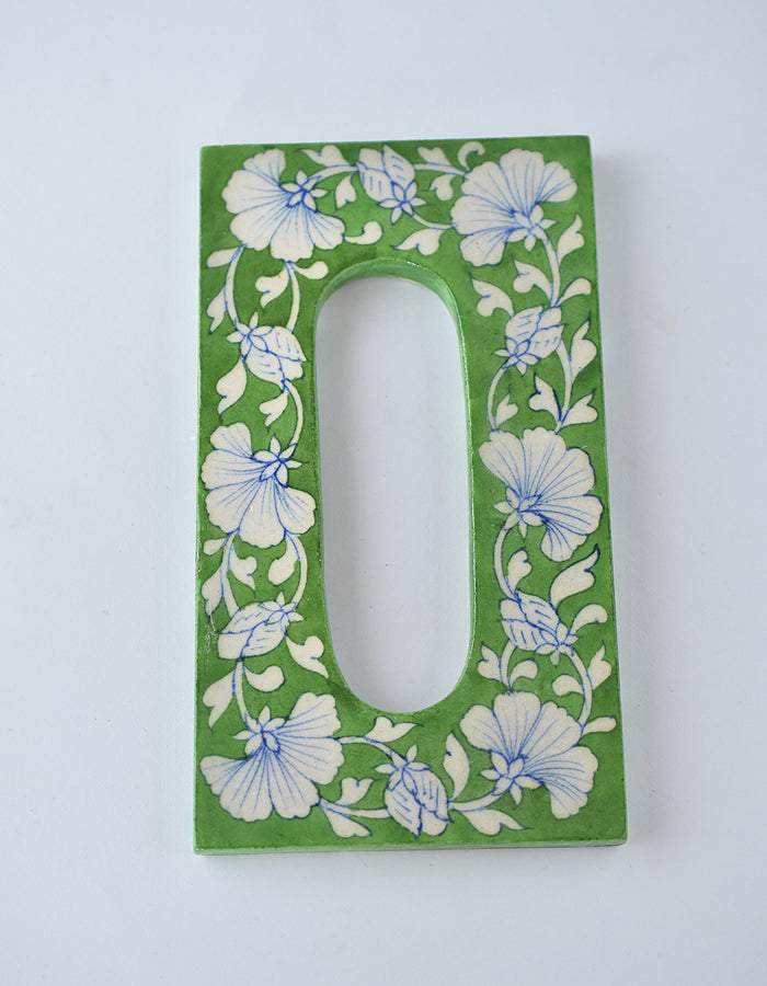 Best Wooden Napkin Holder With Blue Pottery Tile in Green Base With White Floral Design Neerja