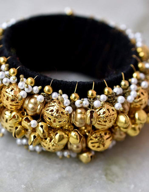Handmade Round Bangles In Golden Color With Metal Beads & White Beads