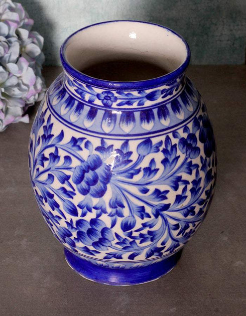 Jaipur Blue Pottery David Flower Vase 9 - White Base with Blue Flowers