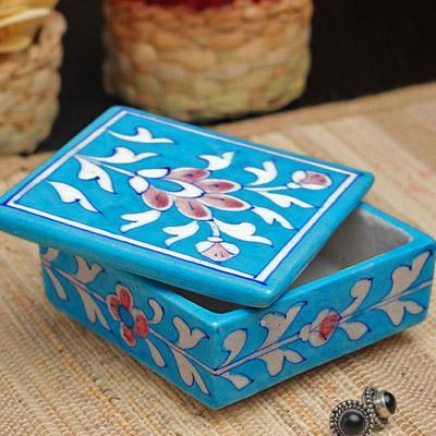 Jaipur Blue Pottery Handmade Square Box in Turquoise Base with Brown Florals 4