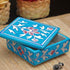 Jaipur Blue Pottery Handmade Square Box in Turquoise Base with Brown Florals 4