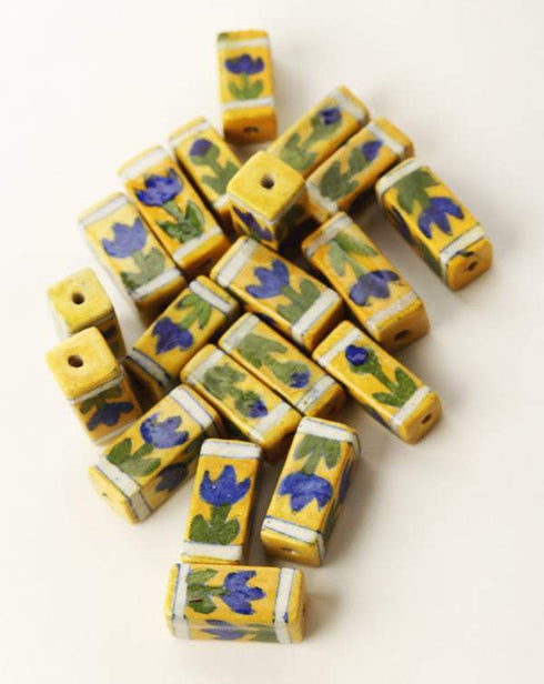 Blue Flower on Yelllow Base Color Rectangular Beads 25mm Set of 25pcs