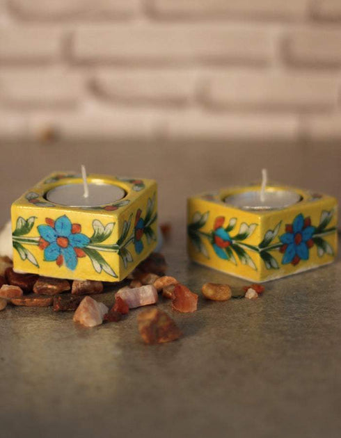 Blue Pottery Candle Holder Set - Yellow Base