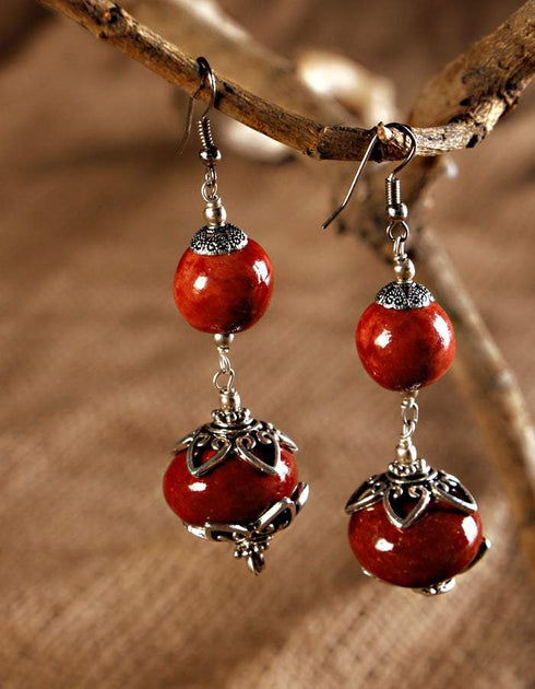 Blue Pottery 2 Bead Earring Big (Brown)