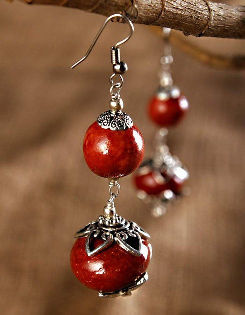 Blue Pottery 2 Bead Earring Big (Brown)