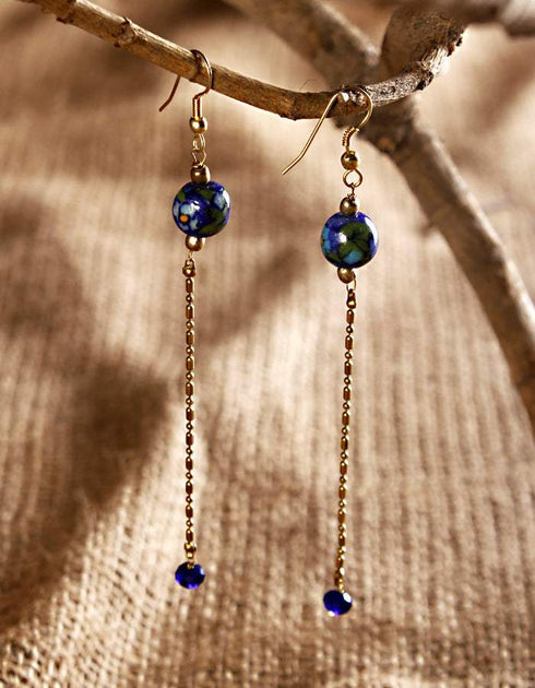 Blue Pottery Bead with Chain Earrings (Blue)