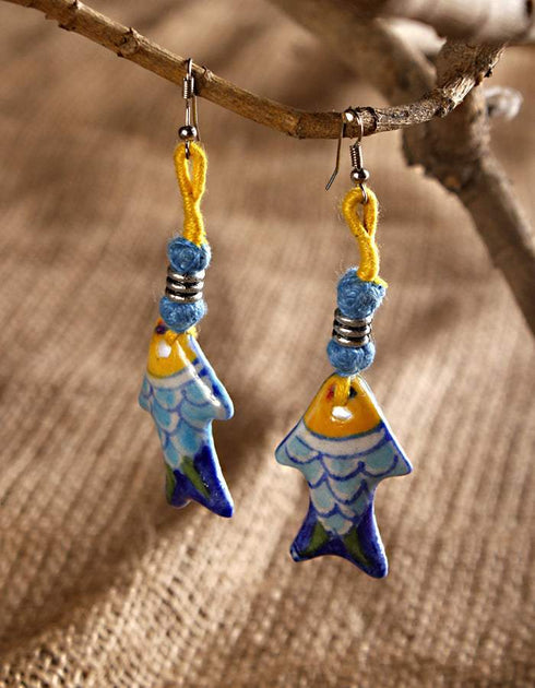 Fish Pendent Earrings (Turquoise Body, Assorted Colour Thread Work)