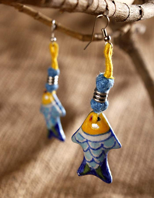 Fish Pendent Earrings (Turquoise Body, Assorted Colour Thread Work)