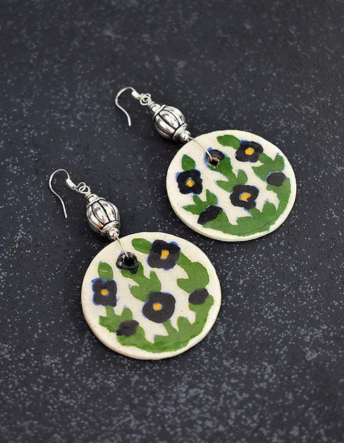 Round Pendant Earrings ( White & Green )