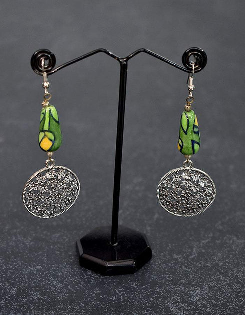 Metal Pendant Earrings With Blue Pottery Bead