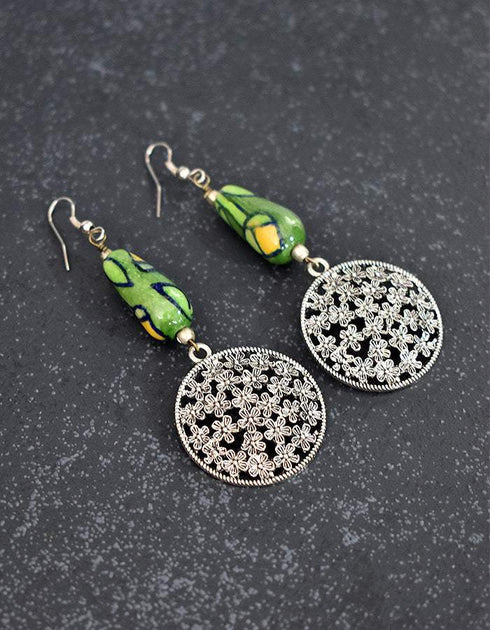 Metal Pendant Earrings With Blue Pottery Bead