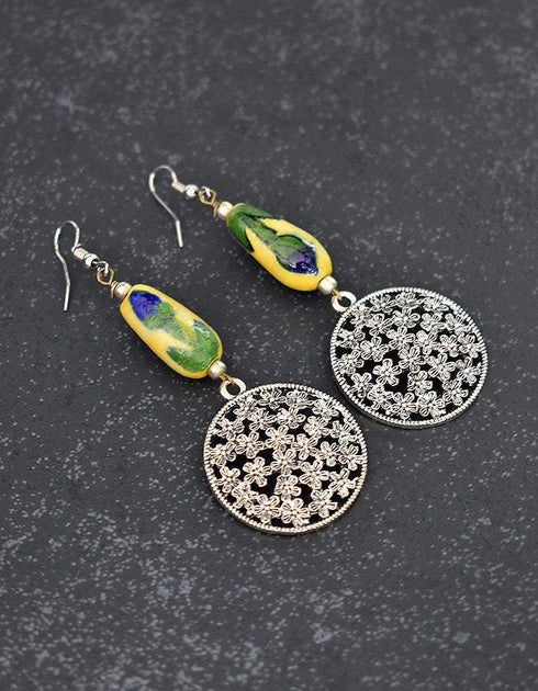 Metal Pendant Earrings With Blue Pottery Bead