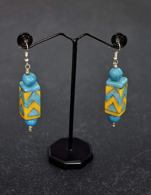 Blue Pottery Rectangle Bead Earrings (Turquoise)