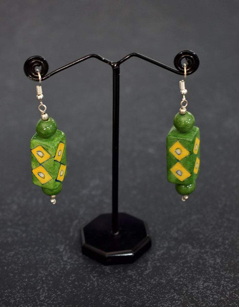 Blue Pottery Rectangle Bead Earrings (Green)