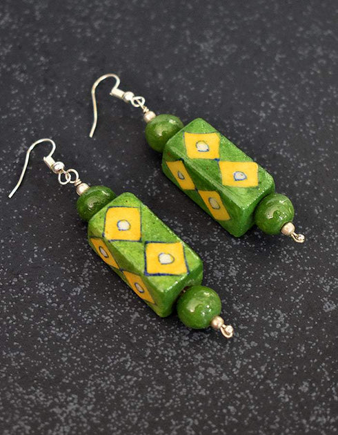 Blue Pottery Rectangle Bead Earrings (Green)