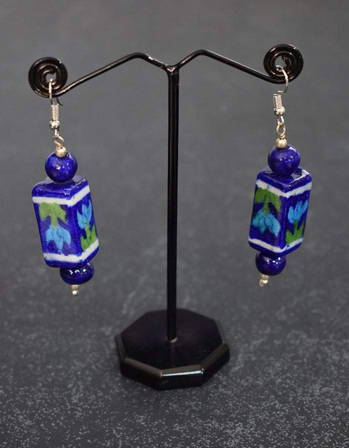 Blue Pottery Rectangle Bead Earrings (Blue)